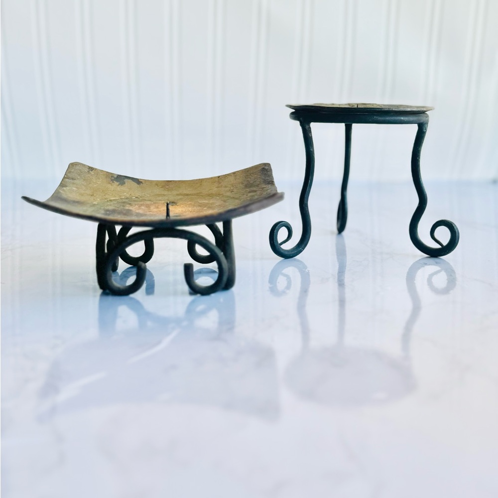 Pair of funky handmade vintage metal candle holders